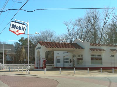 Outside an old Mobil gas station