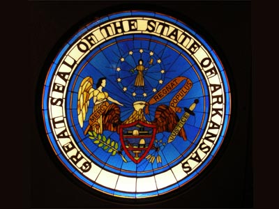 The state seal, in stained glass